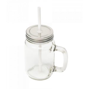 12oz Round Clear Glass Mason Jar With Handle, Lid And Straw